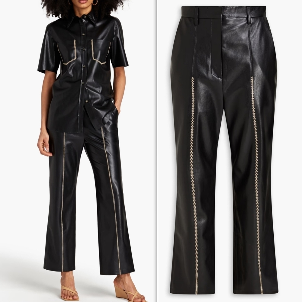 Nanushka Black Vegan Leather Lucee Embroidered Straigh-leg Pants
